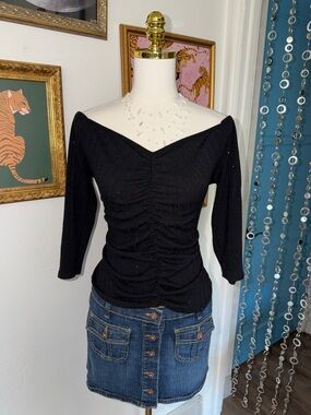 Vintage Y2K Black Ruched V-Neck Top